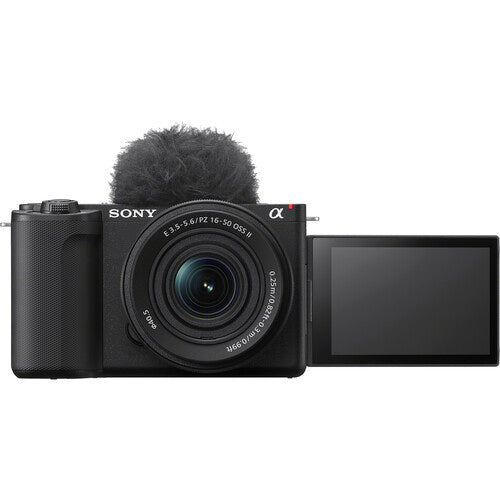 Sony ZV-E10 II negra con lente 16-50mm — vista frontal